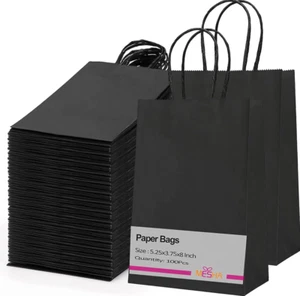 100 Pcs Paper Gift Bags 5.25x3.75x8 Black Small Paper Bags w Handles Bulk Black - Picture 1 of 6