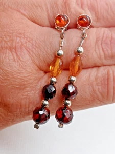 925 Silver & Amber Bead Drop Earrings with Amber Cabochon Stud Fasteners 52mm - Picture 1 of 7