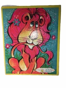 VTG Kitsch Lion FRAME Tray PUZZLE Big SAD Eyes KEANE Flower Power Neon HIPPY Mod - Picture 1 of 9