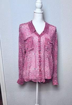 Top Free People Talla M Gasa Easy Rider Estampado Geométrico Rosa Botones Pestaña Slv Foto 1 de 4