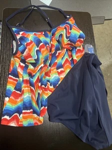 Nautica Tankini Swimsuit Womens M Blue Rainbow Chevron V-Neck Cross-Back 2 Pc - Picture 1 of 7