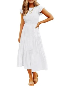 ZESICA Women's Flutter Short Sleeve Smocked Tiered Midi Dress Size S New - Picture 1 of 4