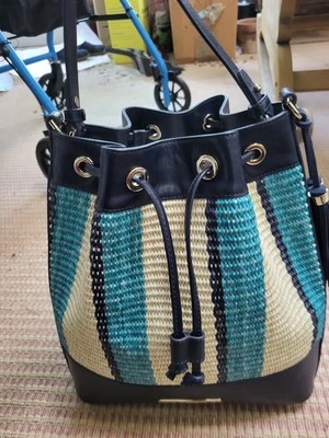 NWT Brahmin Marlowe Navy Anguilla Straw Strip& Leather Drawstring Bucket Bag - Image 1 of 4