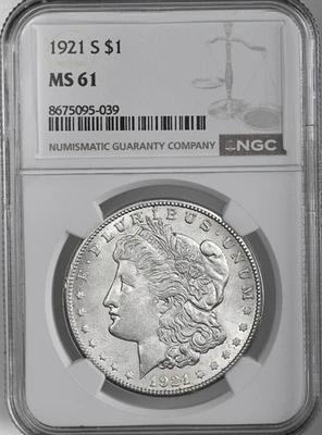 1921-S  $1  MORGAN SILVER DOLLAR  "SAN FRANCISCO MINT"  NGC MS61 #8675095-039 - Image 1 of 4