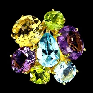 925 Anello Argento Sterling Ovale Ametista Citrino Peridoto Topazio Gemma Size 7 - Foto 1 di 14