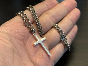 Solid 925 Sterling Silver Mens Small Cross Pendant Rolo Chain Necklace 55cm - Picture 1 of 11