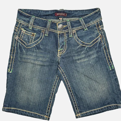 VTG Y2K Hot Kiss Denim Shorts Womens Size 1/25 Medium Wash Mid Rise Flap Pocket - Image 1 of 4