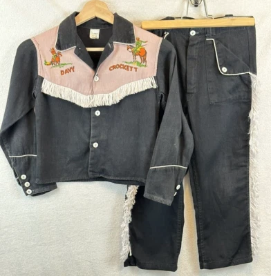 Vintage 50s Boy's Davy Crockett Costume 2 pc Fringed Outfit Black Kids Size 10 - Image 1 of 4
