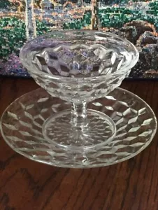 American Fostoria Low Sherbet Goblet & Saucer Glass Crystal Clear 3-1/4T Vintage - Picture 1 of 12
