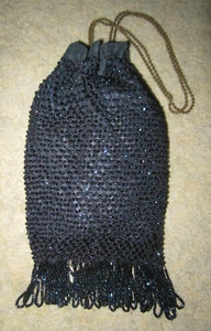 Vtg navy blue taffeta evening bag purse w iridescent beading / fringe, chain - Picture 1 of 12