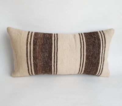 natural kilim lumbar pillow cover 12x24 in handmade striped kilim cushion case - Image 1 of 4