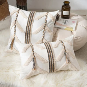 1PC Boho Pillow Case Moroccan Braid Tufted Lumbar Cushion Cover Home Pillowcase - Picture 1 of 14