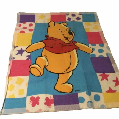 Vtg Disney Winnie Pooh Patchwork Color Block Baby Blanket Nylon Trim 35x44" USA - Image 1 of 4