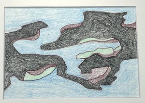 Original Colored Pencil Drawing Black Abstract Figures In Blue Water 8x10” Art - Picture 1 of 9