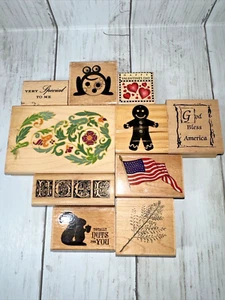 Lot of 10 Wooden Rubber Stamps, Mixed Themes/Brands - Picture 1 of 22