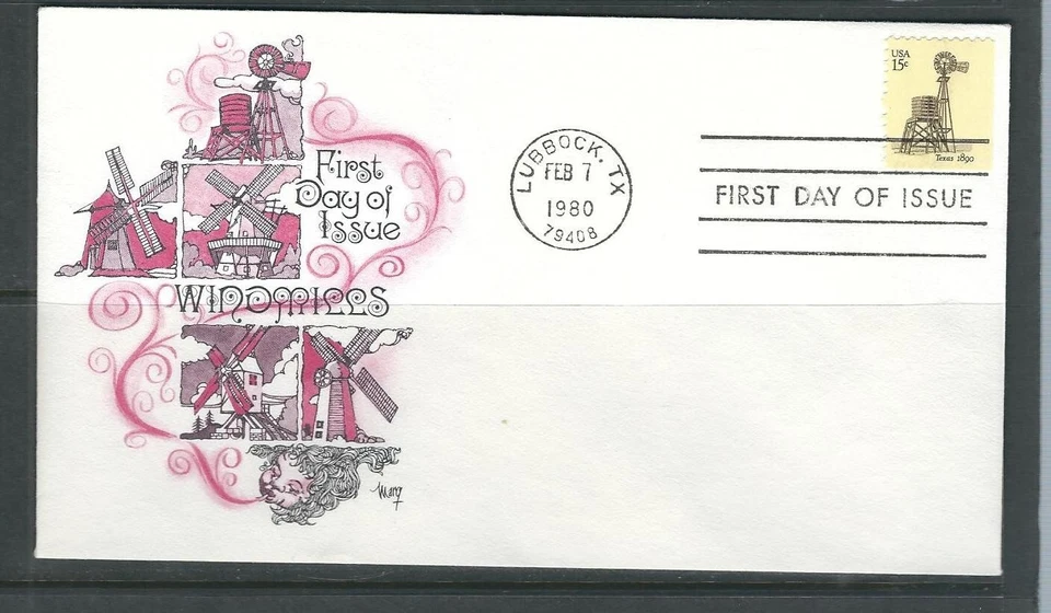 US SC # 1742 - Texas 1890 - Danish Windmills FDC.  Marg Cachet - Image 1 of 1