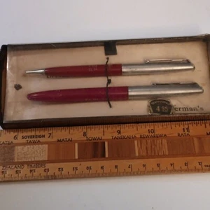 1950 WATERMAN CF RED STAINLESS STEEL FOUNTAIN PEN PENCIL SET RARE STORE DISPLAY! - Picture 1 of 6