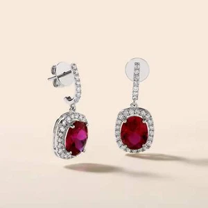 Certified 14K Gold 7.3ct Natural Diamond w/ Simulated Ruby Oval Drop Earrings - Picture 1 of 9