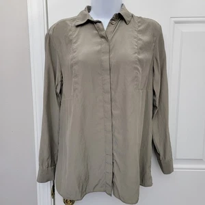 Lafayette 148 100 % Seide taupe Langarm versteckte Knöpfe Bluse Größe Small Petite - Bild 1 von 10