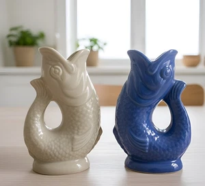 Pair of Vintage Wade England “Gluggle Jug” Fish Pitchers – Cobalt Blue & Grey - Picture 1 of 10