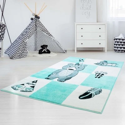 Kinderteppich BuenoTiermotiv Mint  Indianer Bär  Flachflor Modern Kinderzimmer - Bild 1 von 4