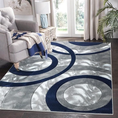 Area Rug Modern 4x6 Navy Circles Geometry Soft Hand Carved Contemporary Floor... - Image 1 of 4