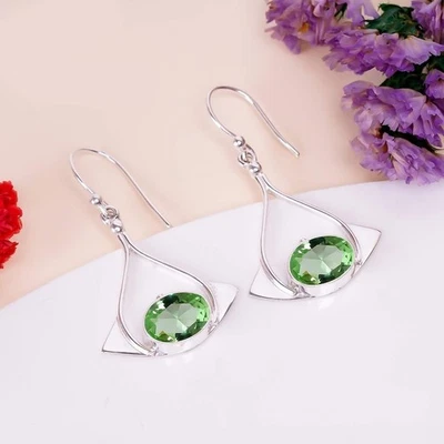 Green Amethyst Gemstone Handmade 925 Sterling Silver Jewelry Earring Size-1.5" - Image 1 of 4