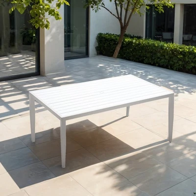 40x70" Aluminum Patio Table White Gray Top Tapered Feet Umbrella Hole - Image 1 of 4