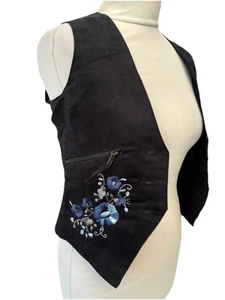 Miss Posh Waistcoat Croptop 8 Black Vest Blue Flowers Milkmaid Cowgirl Faux Sued - Picture 1 of 11