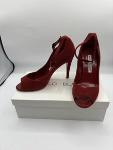 Vtg Manolo Blahnik Peep Toe Cranberry Red Pumps Suede Scalloped Ankle Strap 36.5 - Picture 1 of 12