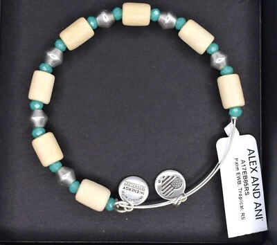NEW NWT Alex and Ani Palm Tropical Green Wood Beaded Silver Bracelet  - Image 1 of 2