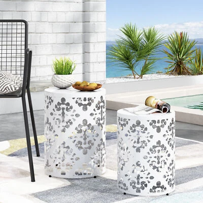 2 Set 11.75"/13.75" Metal Outdoor Side Table End Table Patio  Accent Table White - Image 1 of 4