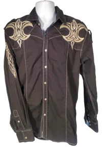 Camisa cruzada manga larga bordada con botones negra Roar 2XL para hombre (K4) - Imagen 1 de 10