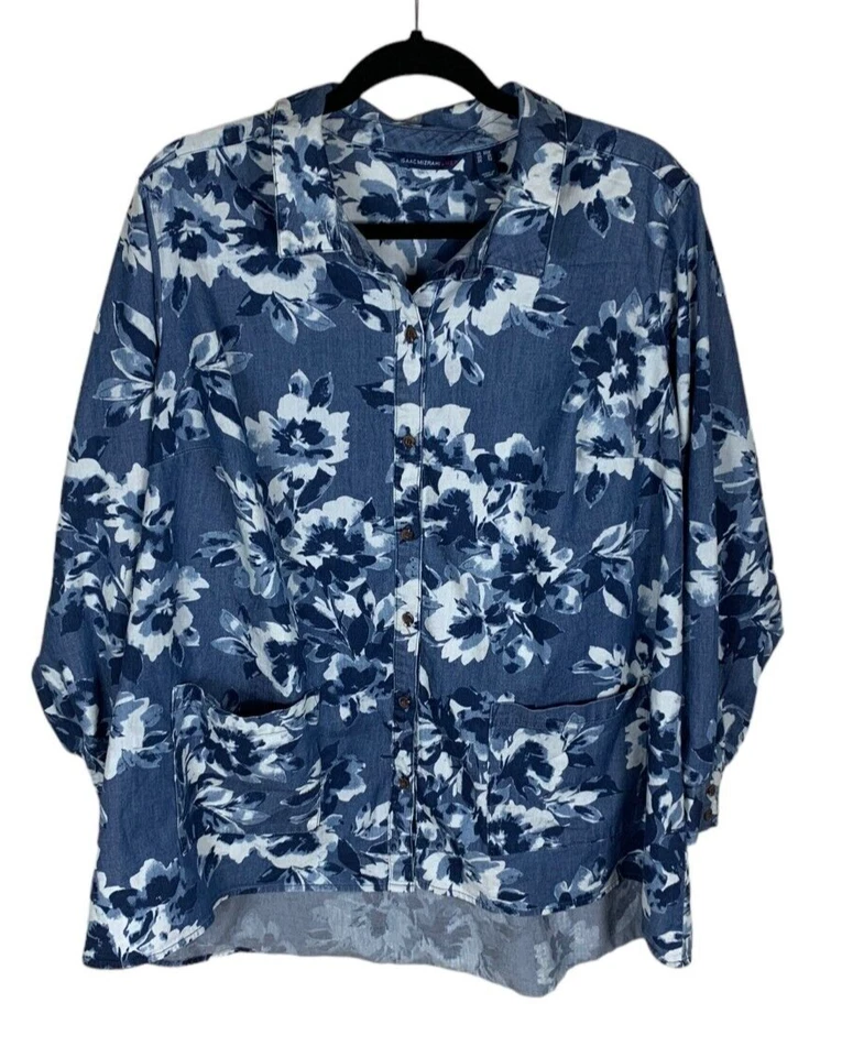 Camisa Isaac Mizrahi Live Azul Floral Manga Larga Botón Delantero Dobladillo Alto-Lo Talla 22W Foto 1 de 4