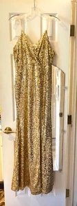 90's Gold Sequin Maxi Dress Gown Medium High Slit Spaghetti Strap EUC Prom Party - Picture 1 of 7