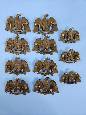Antique American Eagle Brass  8 Large & 3 Small Drawer Pulls  - Image 1 of 3