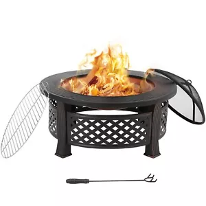 Garten Feuerkorb Runde Feuerschale mit Funkenschutz 80.5cm Grillrost Schürhaken - Bild 1 von 8