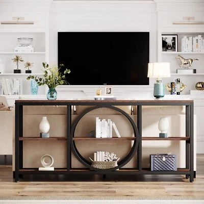 Rustic Brown Long Narrow Sofa Console Table with 3-Tier Storage for Living Room - Image 1 of 4