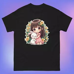 Kawaii Chibi Girl & Bunny T-Shirt Cottagecore Floral Spring Unisex Short Sleeve - Picture 1 of 5
