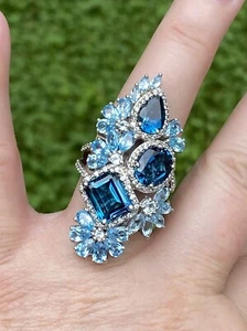 Gem Treasures Sterling 12.27ctw Multi Blue Topaz & White Zircon Elongated Ring - Picture 1 of 15