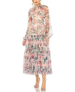 NEW MAC DUGGAL High Neck Long Balloon Sleeve Midi Dress Multi SZ 4 #D7999 - Picture 1 of 9