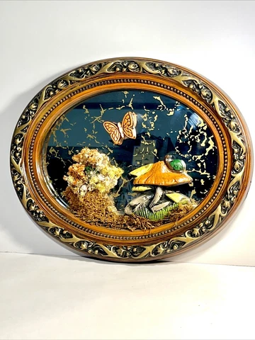 Vintage 70s Wood Frame Oval Mirror Wall Decor 3D Mushroom-Butterfly-Dried Flower Cover
