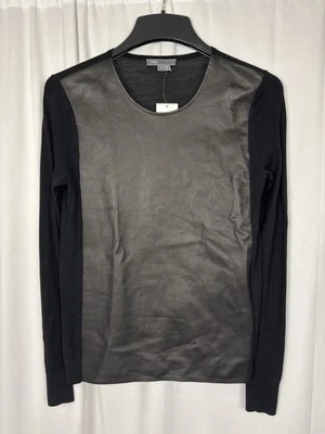 NUEVO CON ETIQUETAS VINCE Suéter de Lana de Cuero de Cordero Negro Ligero Manga Larga Cuello Redondo S Foto 1 de 4