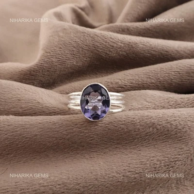 Anillo de plata 925 ovalado piedra de iolita único solitario boho hermana Halloween joyería Foto 1 de 4