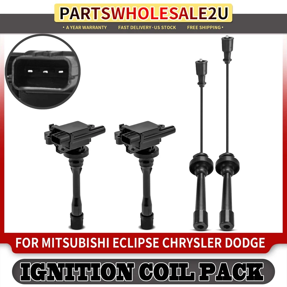 2x bobinas de ignição e 2x fios de vela de ignição para Mitsubishi Eclipse Dodge Chrysler - Imagem 1 de 4