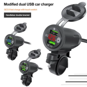 Motorcycle Handlebar USB QC3.0 Charger Socket 12V+Voltmeter w/Switch & Mount - Picture 1 of 12