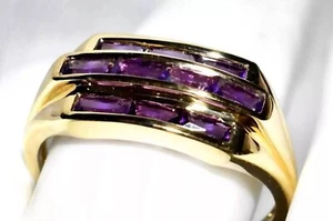 Amethyst Gold Ring 9ct Gold (3.60g) Baguette-Cut Amethysts Art Deco Size T - Picture 1 of 15