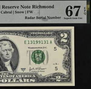 2003A $2 Federal Reserve Note PMG 67EPQ - Fancy Radar Serial Number 13199131 - Afbeelding 1 van 3