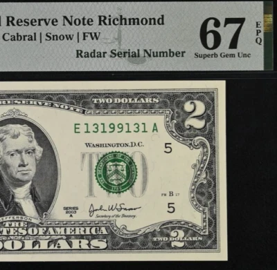 2003A $2 Federal Reserve Note PMG 67EPQ - Fancy Radar Serial Number 13199131 - Image 1 of 3