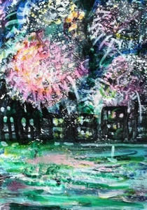 ACEO Original Painting FIREWORKS Summer CITY Buildings Ocean Boats Lights ART - Picture 1 of 1